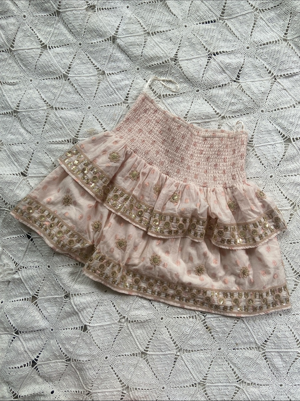 A La Plage Adorable pink and gold cotton and sequin tiered skirt